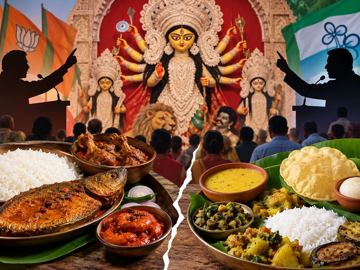 দুর্গাপুজোর আগেই আমিষ-নিরামিষ বিতর্ক? খাদ্যসংস্কৃতি ঘিরে নতুন রাজনৈতিক উত্তাপ দুর্গাপুজোর আগেই আমিষ-নিরামিষ বিতর্ক? খাদ্যসংস্কৃতি ঘিরে নতুন রাজনৈতিক উত্তাপ
